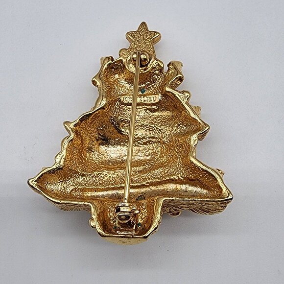 VINTAGE GOLD PLATED FAUX PEARL GARLAND CHRISTMAS TREE BROOCH SIGNED RICHELIEU - Picture 6 of 8